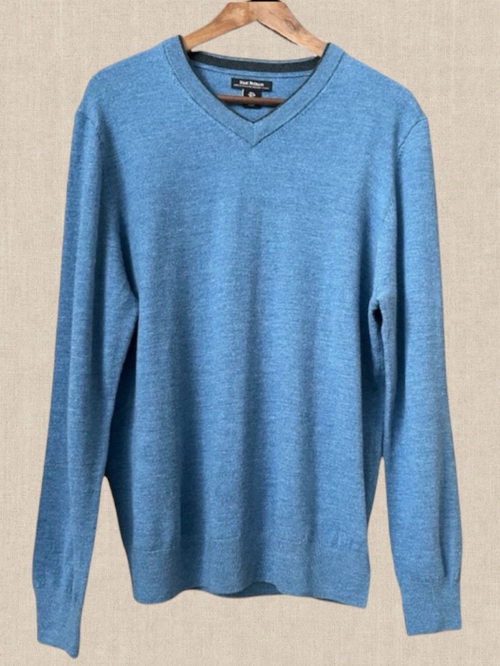 Isaac Mizrahi 100% Merino Wool Sweater Large Blue V-neck Pullover Knit